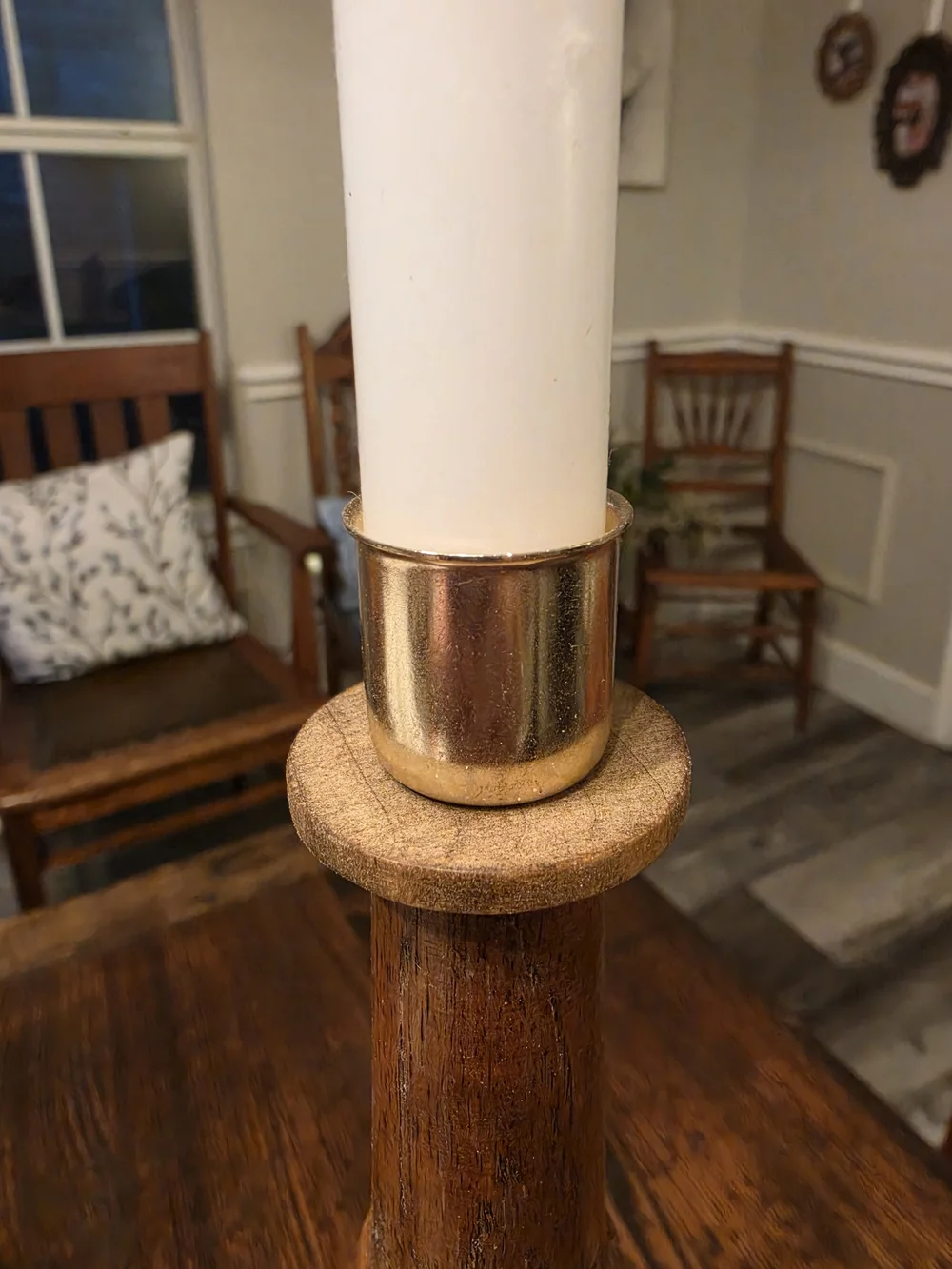 Vintage turned wood taper candlestick holder Colorful amber glass base